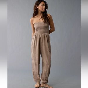 NWT American Eagle ($69.95Cad) Brown Sunchaser Knit Smocked Tube Jumpsuit